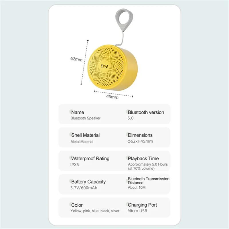 EWA A124 مكبر صوت بلوتوث صغير محمول مضاد للماء مع ميزة TWS وحلقة علّاق - أصفر