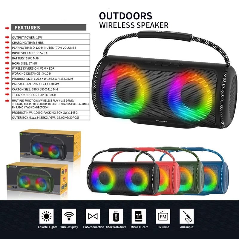 NEWRIXING NR-2088 TWS Wireless Portable Bluetooth-compatible Speaker 16W Audio Player Support TF Card - Blue