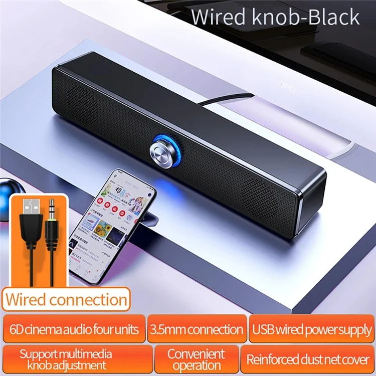 YINDIAO A36 Knob Control ABS Desktop Wired Speaker Soundbar USB HiFi Music Loudspeaker