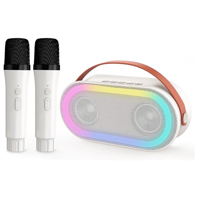 P6 Home Karaoke Machine LED Lighting Bluetooth-compatible Speaker with 2 Wireless Microphones for Kids, Adults - White