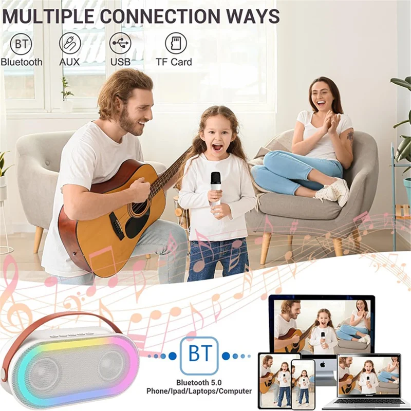 P6 Home Karaoke Machine LED Lighting Bluetooth-compatible Speaker with 2 Wireless Microphones for Kids, Adults - White