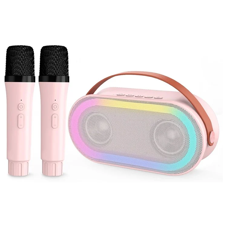 P6 Home Karaoke Machine LED Lighting Bluetooth-compatible Speaker with 2 Wireless Microphones for Kids, Adults - Pink