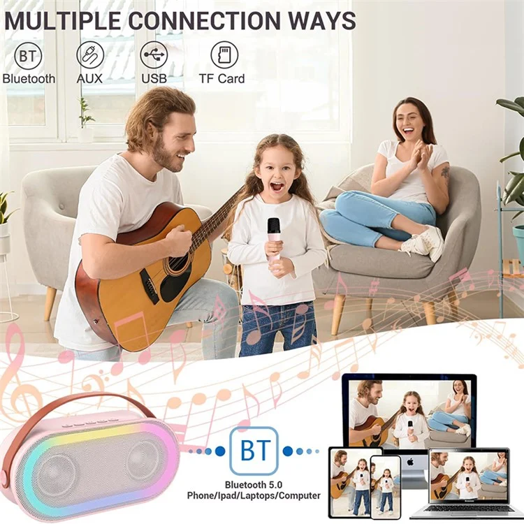 P6 Home Karaoke Machine LED Lighting Bluetooth-compatible Speaker with 2 Wireless Microphones for Kids, Adults - Pink