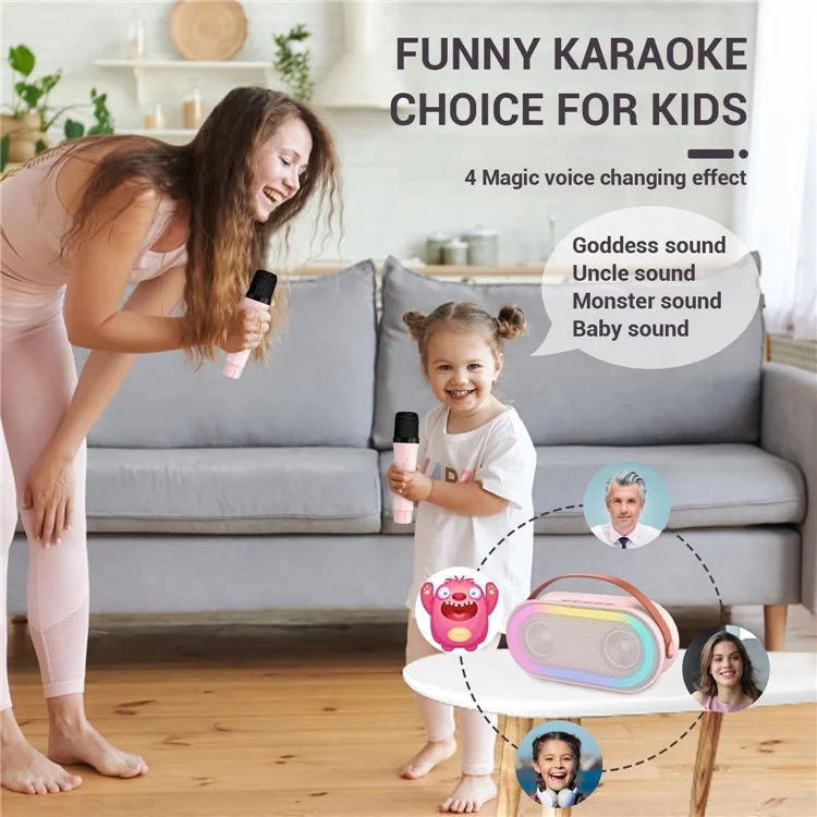P6 Home Karaoke Machine LED Lighting Bluetooth-compatible Speaker with 2 Wireless Microphones for Kids, Adults - Pink