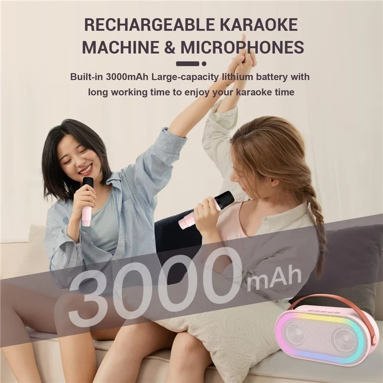 P6 Home Karaoke Machine LED Lighting Bluetooth-compatible Speaker with 2 Wireless Microphones for Kids, Adults - Pink