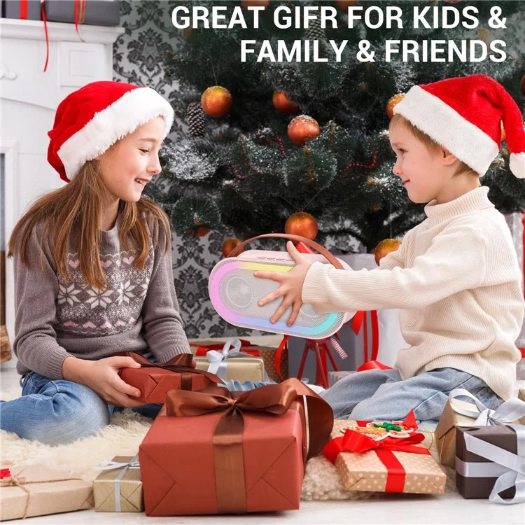 P6 Home Karaoke Machine LED Lighting Bluetooth-compatible Speaker with 2 Wireless Microphones for Kids, Adults - Pink