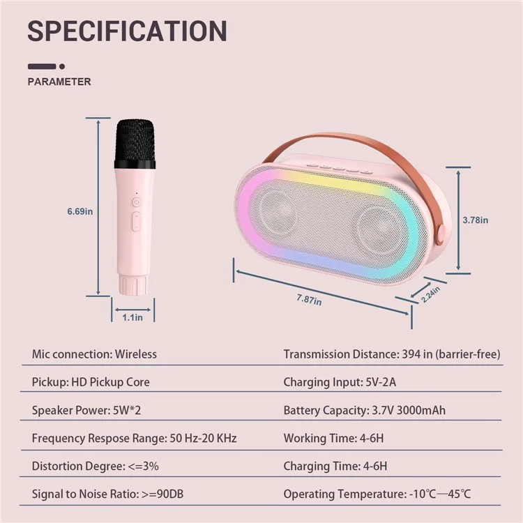 P6 Home Karaoke Machine LED Lighting Bluetooth-compatible Speaker with 2 Wireless Microphones for Kids, Adults - Pink