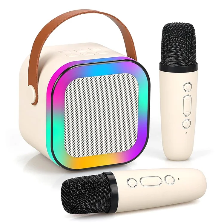 KINYO K12 English Version Karaoke KTV Machine LED Lighting Bluetooth-compatible Speaker with 2 Wireless Microphones - Beige