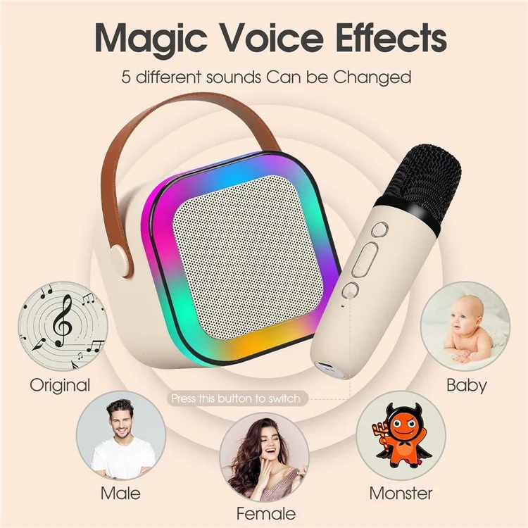 KINYO K12 English Version Karaoke KTV Machine LED Lighting Bluetooth-compatible Speaker with 2 Wireless Microphones - Beige