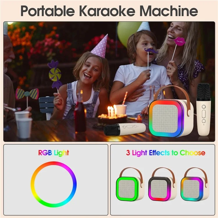 KINYO K12 English Version Karaoke KTV Machine LED Lighting Bluetooth-compatible Speaker with 2 Wireless Microphones - Beige