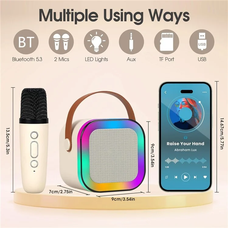 KINYO K12 English Version Karaoke KTV Machine LED Lighting Bluetooth-compatible Speaker with 2 Wireless Microphones - Beige