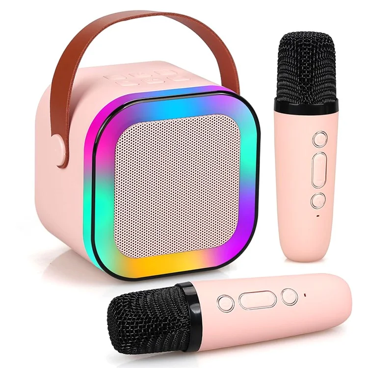 KINYO K12 English Version Karaoke KTV Machine LED Lighting Bluetooth-compatible Speaker with 2 Wireless Microphones - Pink