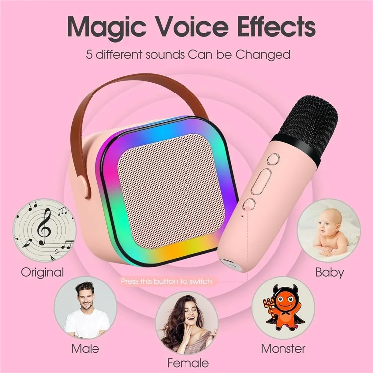 KINYO K12 English Version Karaoke KTV Machine LED Lighting Bluetooth-compatible Speaker with 2 Wireless Microphones - Pink