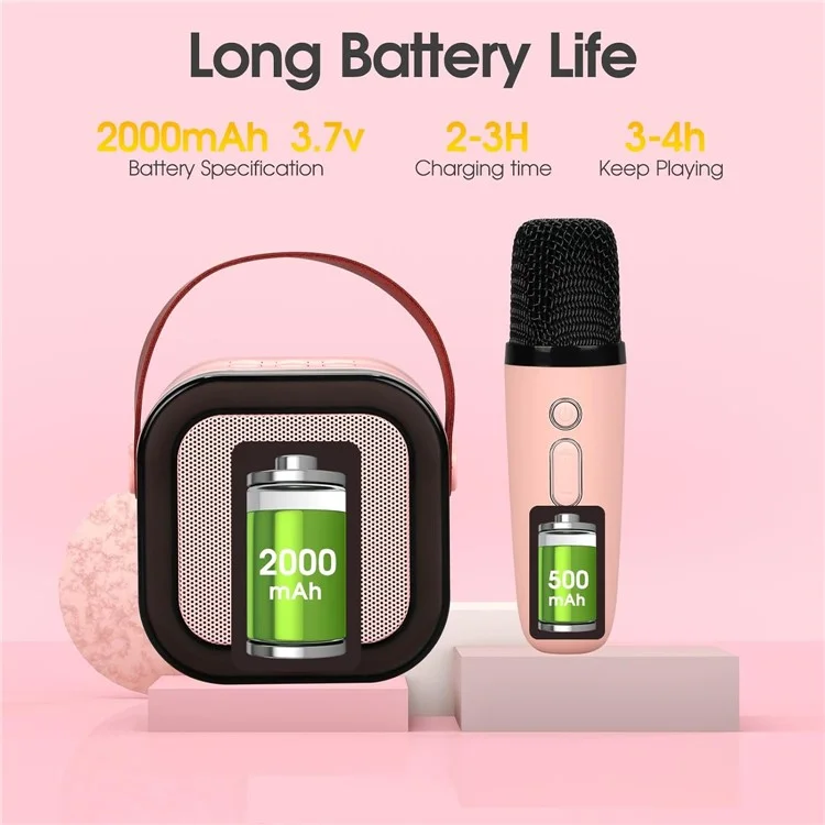 KINYO K12 English Version Karaoke KTV Machine LED Lighting Bluetooth-compatible Speaker with 2 Wireless Microphones - Pink