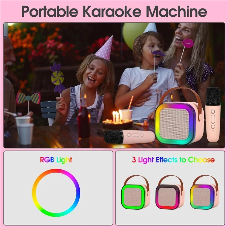 KINYO K12 English Version Karaoke KTV Machine LED Lighting Bluetooth-compatible Speaker with 2 Wireless Microphones - Pink