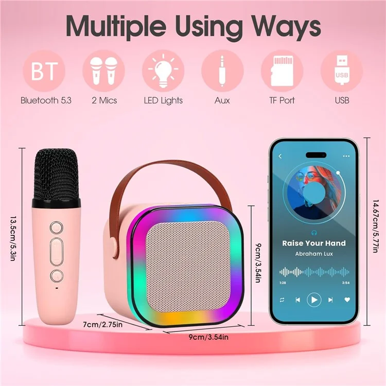 KINYO K12 English Version Karaoke KTV Machine LED Lighting Bluetooth-compatible Speaker with 2 Wireless Microphones - Pink