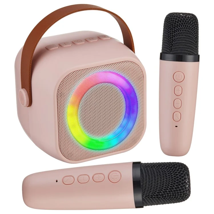 K29 Bluetooth-compatible Speaker Portable Home Karaoke Machine with 2 Wireless Microphones Set - Pink