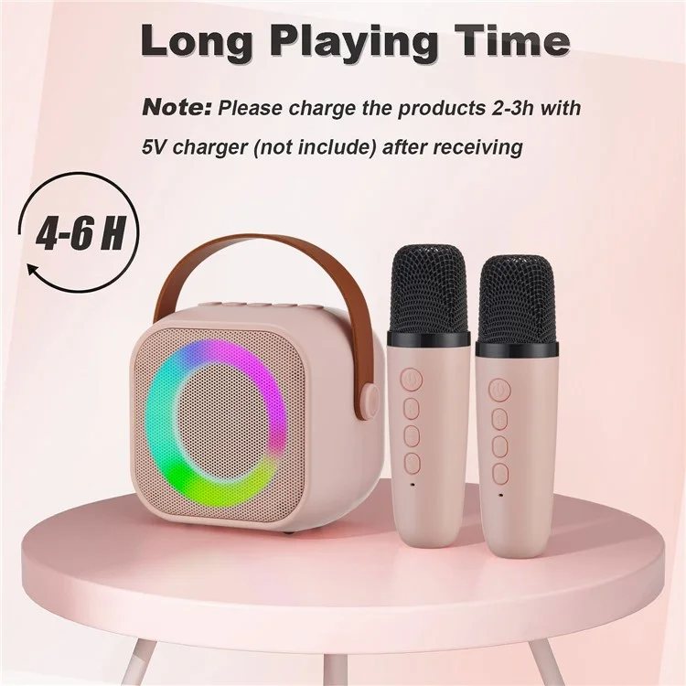 K29 Bluetooth-compatible Speaker Portable Home Karaoke Machine with 2 Wireless Microphones Set - Pink