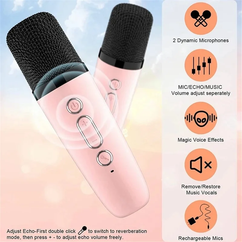 K1 Farverig Belysning Bluetooth-højttaler Mini Karaoke Maskine med 2 Mikrofoner - Hvid