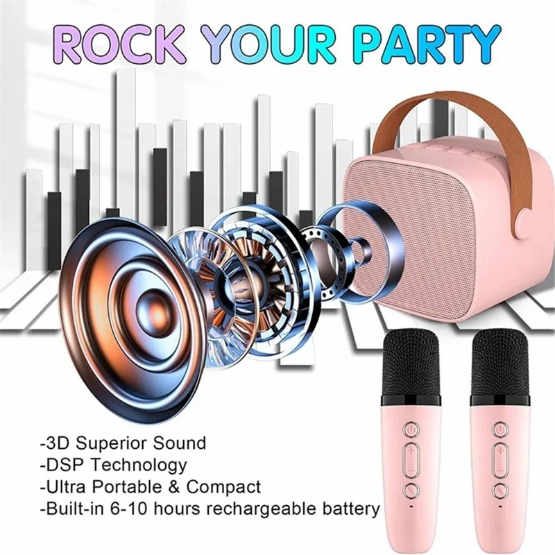 K1 Farverig Belysning Bluetooth-højttaler Mini Karaoke Maskine med 2 Mikrofoner - Hvid