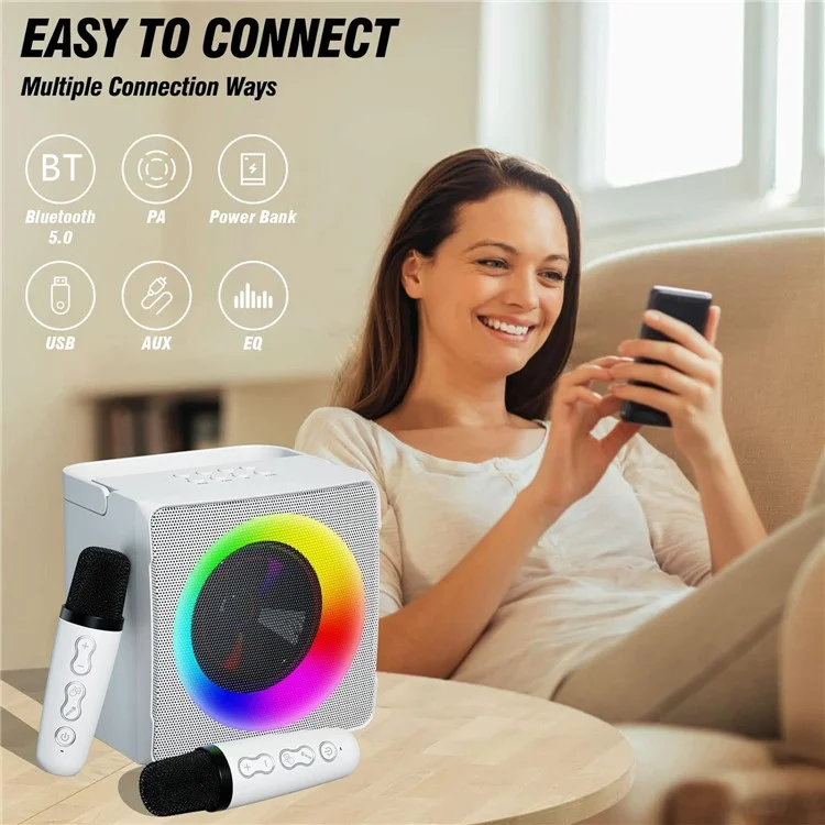 SD-508 Portable Karaoke Machine + 2 Wireless Microphones Bluetooth-compatible Speaker with Party Lights - White