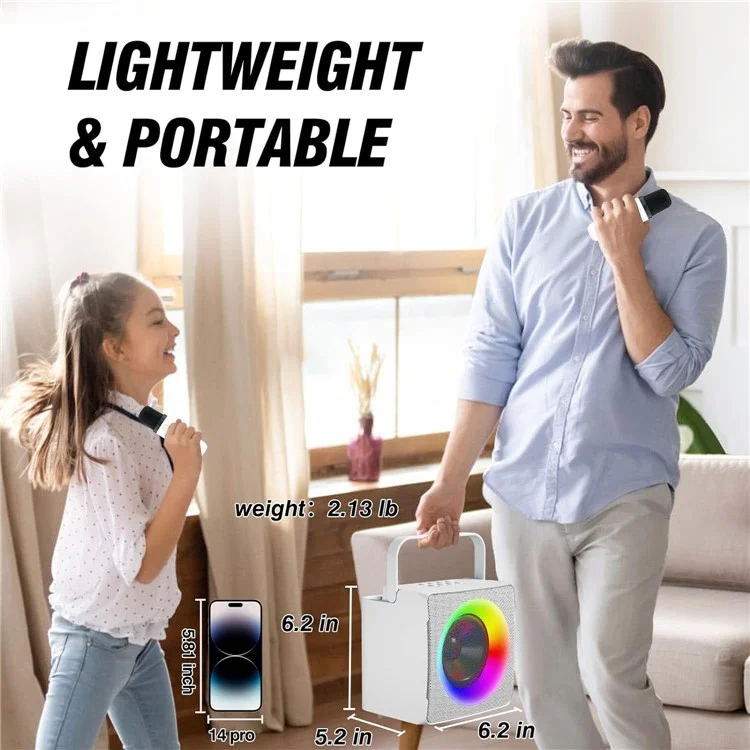 SD-508 Portable Karaoke Machine + 2 Wireless Microphones Bluetooth-compatible Speaker with Party Lights - White