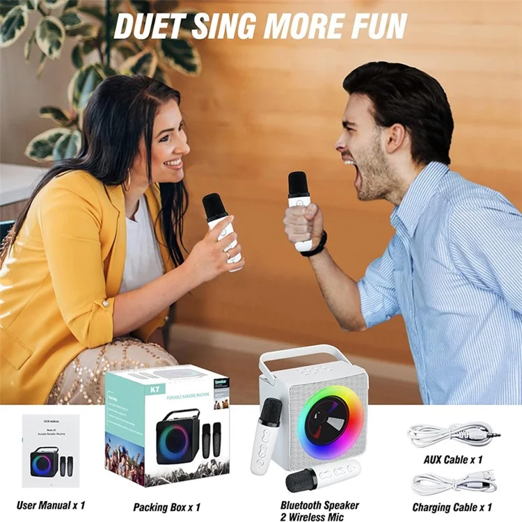 SD-508 Portable Karaoke Machine + 2 Wireless Microphones Bluetooth-compatible Speaker with Party Lights - White