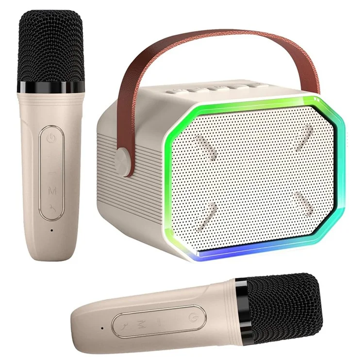 P3 Kids Adults Karaoke KTV Machine LED Lighting Bluetooth-compatible Speaker with 2 Wireless Microphones - Beige