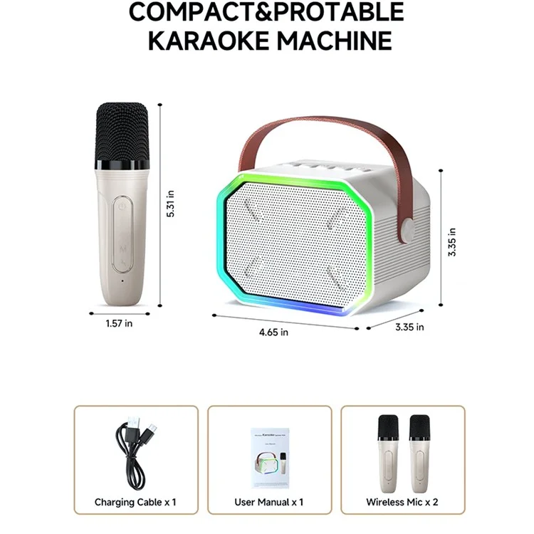P3 Kids Adults Karaoke KTV Machine LED Lighting Bluetooth-compatible Speaker with 2 Wireless Microphones - Beige