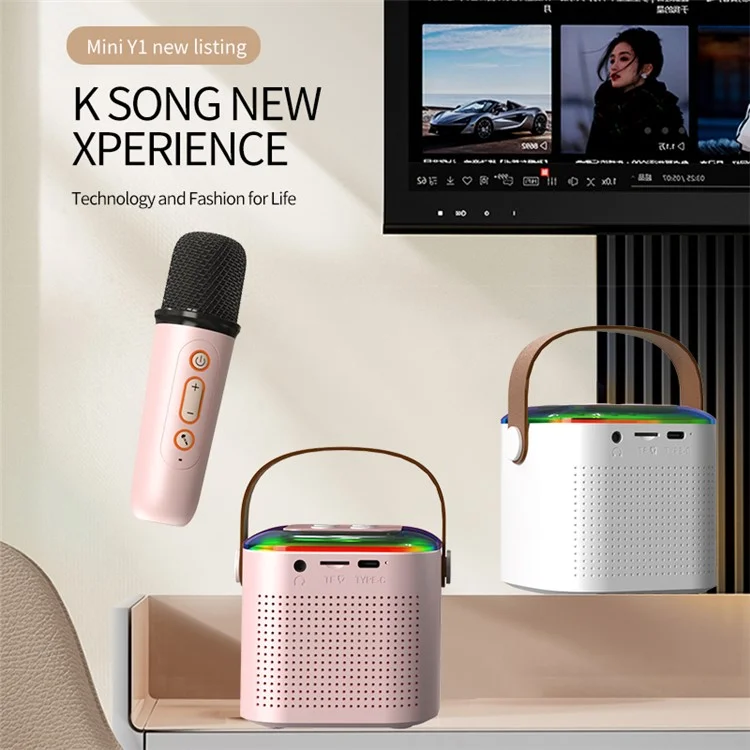 Y1 Home Máquina de Karaoke Portátil Caixa de Som Bluetooth Suporta Reprodução por Entrada AUX de 3,5 mm e Cartão TF com 2 Microfones - Branco 