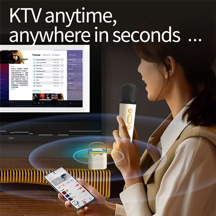 Y1 Home Máquina de Karaoke Portátil Caixa de Som Bluetooth Suporta Reprodução por Entrada AUX de 3,5 mm e Cartão TF com 2 Microfones - Branco 