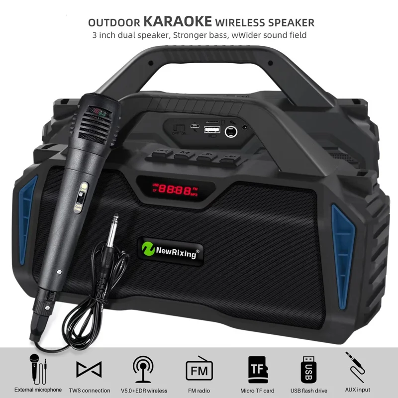 NEWRIXING NR6011 Outdoor Karaoke TWS Bluetooth-compatible Speaker with Shoulder Strap - Blue