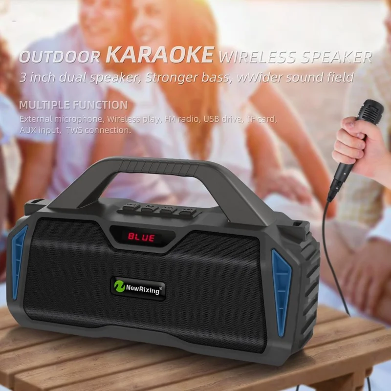 NEWRIXING NR6011 Outdoor Karaoke TWS Bluetooth-compatible Speaker with Shoulder Strap - Blue