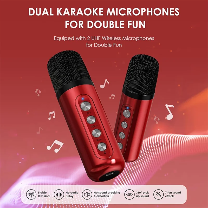 YS307 Home Karaoke Bluetooth-compatible Speaker RGB Light Loudspeaker with 2 Microphones - Red