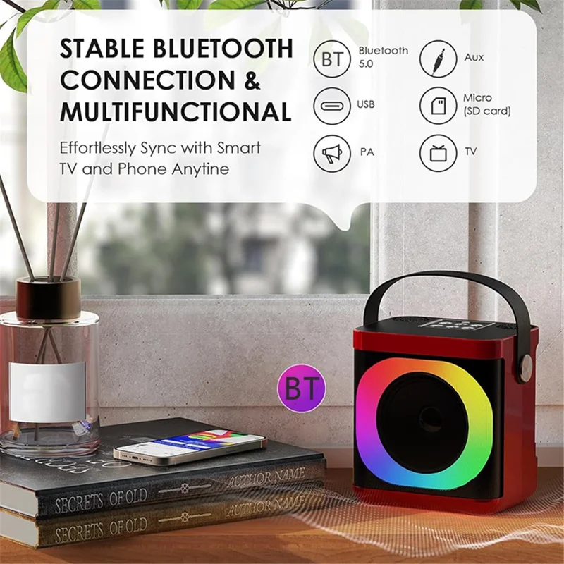 YS307 Home Karaoke Bluetooth-compatible Speaker RGB Light Loudspeaker with 2 Microphones - Red