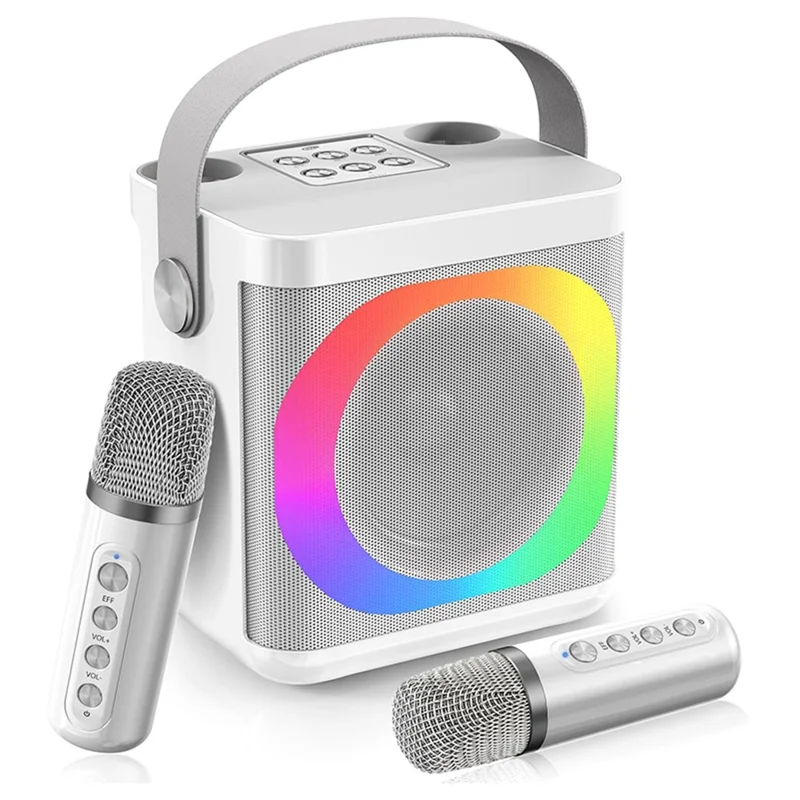 YS307 Home Karaoke Bluetooth-compatible Speaker RGB Light Loudspeaker with 2 Microphones - Silver