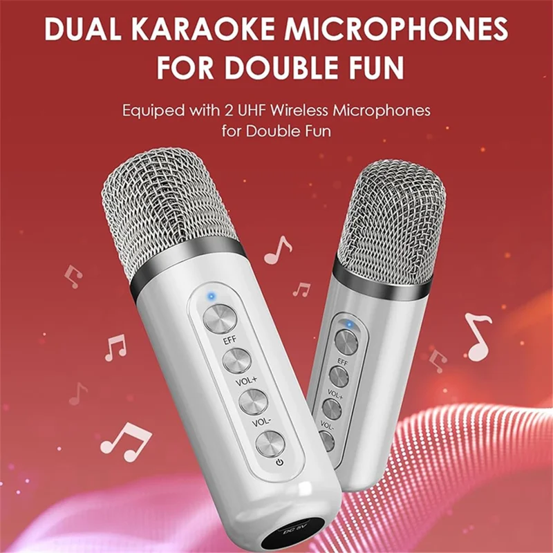 YS307 Home Karaoke Bluetooth-compatible Speaker RGB Light Loudspeaker with 2 Microphones - Silver