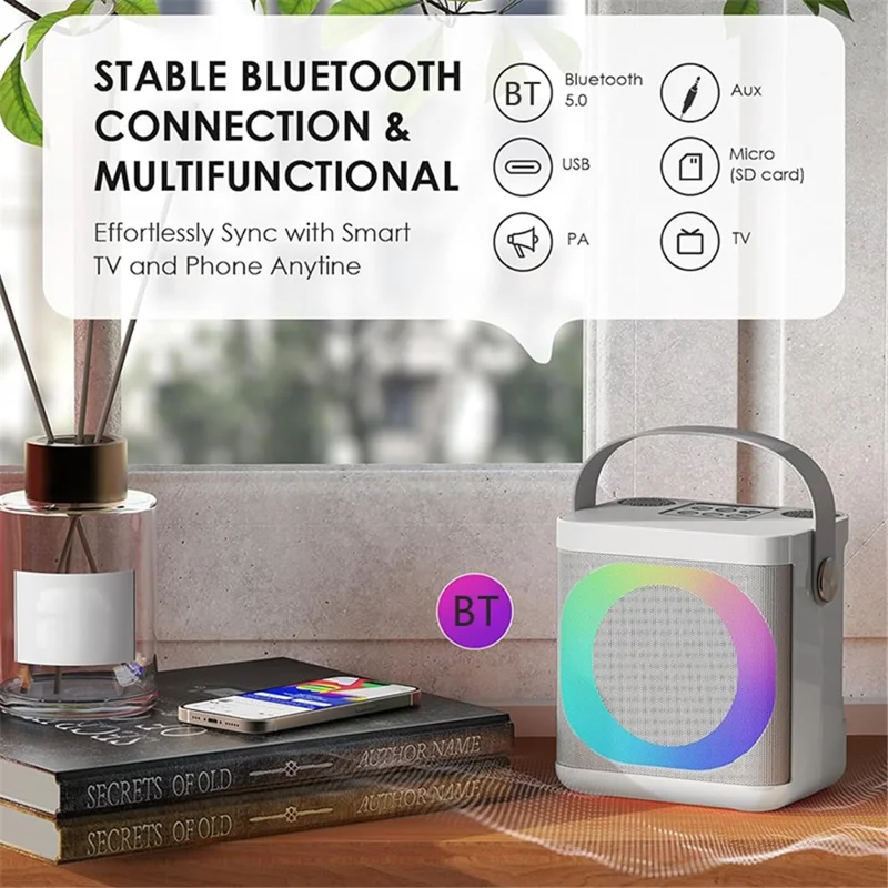YS307 Home Karaoke Bluetooth-compatible Speaker RGB Light Loudspeaker with 2 Microphones - Silver