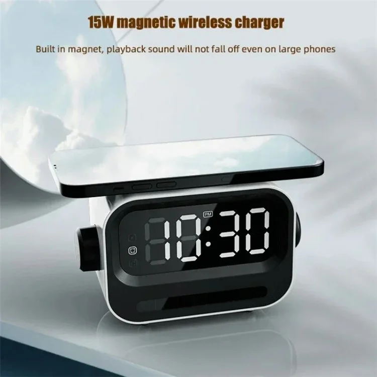 Rechargeable Bluetooth-compatible 5.2 Speaker Digital Alarm Clock Phone Magnetic Wireless Charger - White