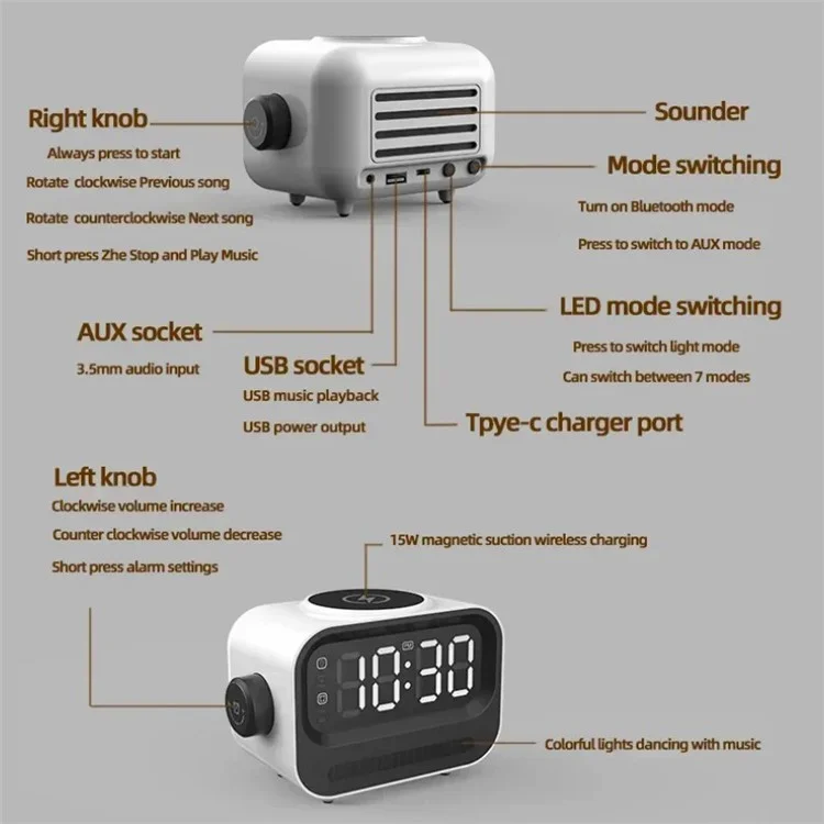 Rechargeable Bluetooth-compatible 5.2 Speaker Digital Alarm Clock Phone Magnetic Wireless Charger - White