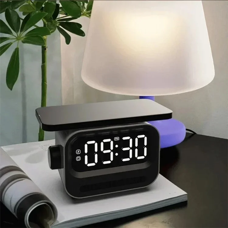 Rechargeable Bluetooth-compatible 5.2 Speaker Digital Alarm Clock Phone Magnetic Wireless Charger - White