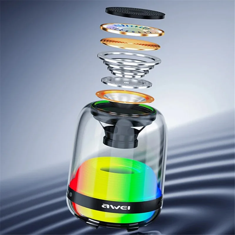 AWEI Y386 Blændende Bluetooth-kompatibel Højttaler Transparent Højttaler med Farverig Lys, Understøtter FM og USB-drev - Sort