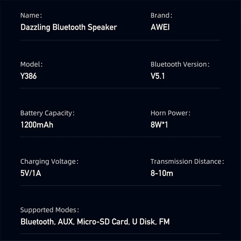 AWEI Y386 Blændende Bluetooth-kompatibel Højttaler Transparent Højttaler med Farverig Lys, Understøtter FM og USB-drev - Sort