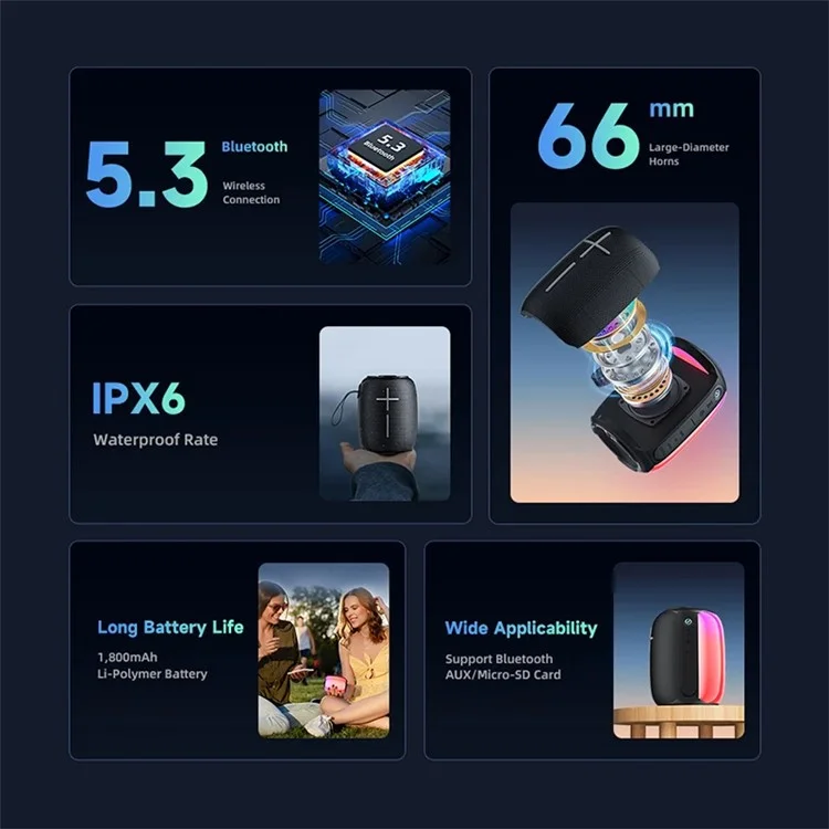 AWEI Y525 Bluetooth-compatible 5.3 Speaker IPX6 Waterproof TWS HiFi Wireless Speaker with RGB Light