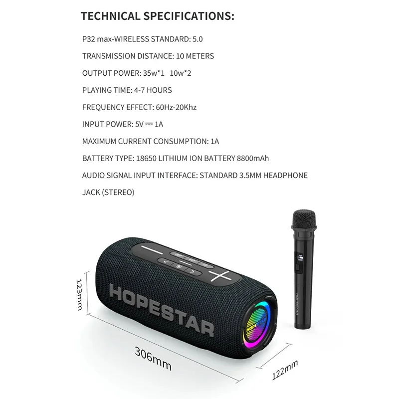 HOPESTAR P32 Max 55W High Power Portable Bluetooth-compatible Speaker with Mic Karaoke Subwoofer - Red