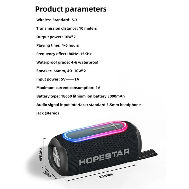 HOPESTAR P60 Wireless Bluetooth-compatible Speaker Outdoor Stereo Boombox with RGB Light - Black