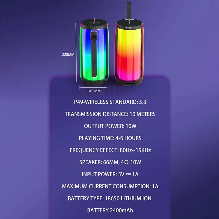 HOPESTAR P49 Caixa de Som Bluetooth 5.3 com Luz RGB, À Prova d'Água, Sem Fio - Preta