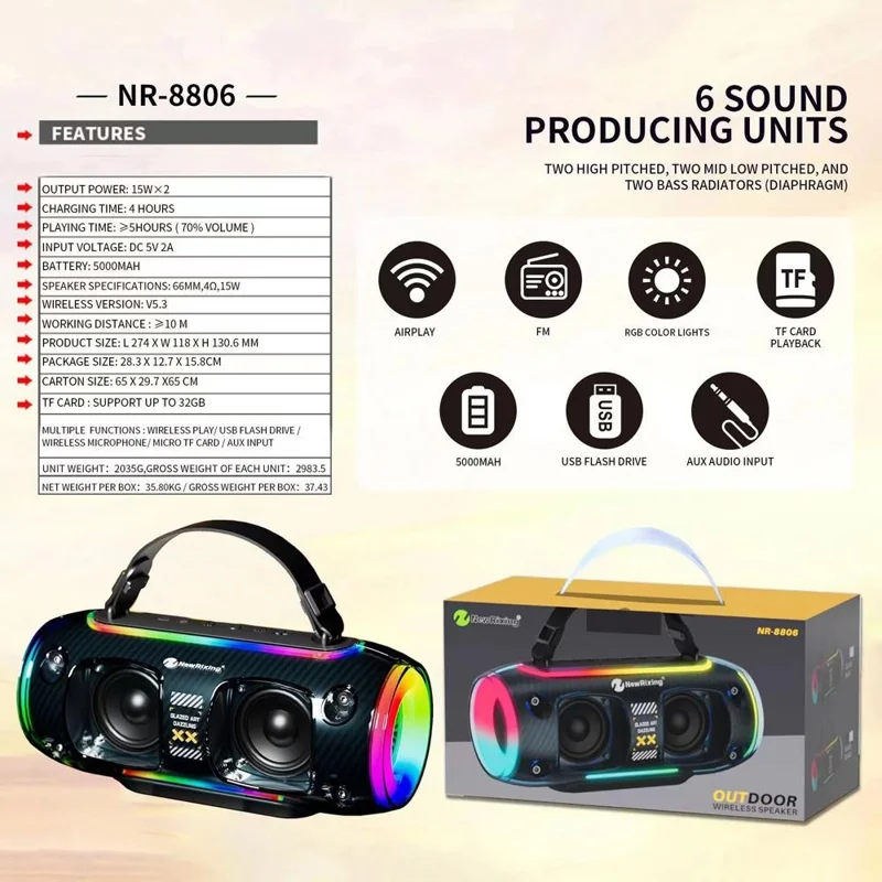 NR8806 Outdoor Waterproof Wireless Bluetooth-compatible Speaker RGB Light Rhythm Subwoofer - Black