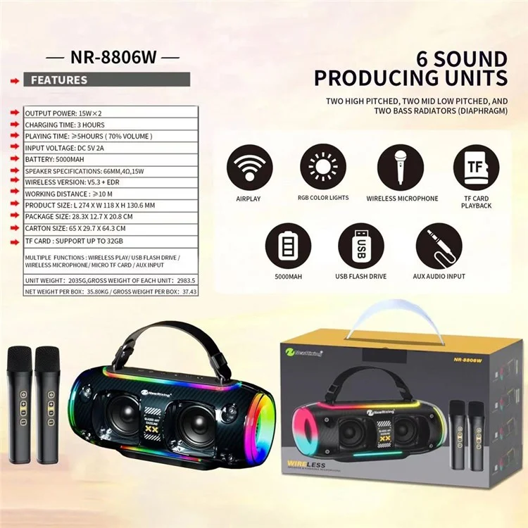 NR8806 Outdoor Bluetooth-compatible Speaker RGB Light Karaoke Soundbox with 2 Microphone - Blue