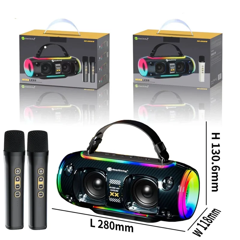 NR8806 Outdoor Bluetooth-compatible Speaker RGB Light Karaoke Soundbox with 2 Microphone - Black